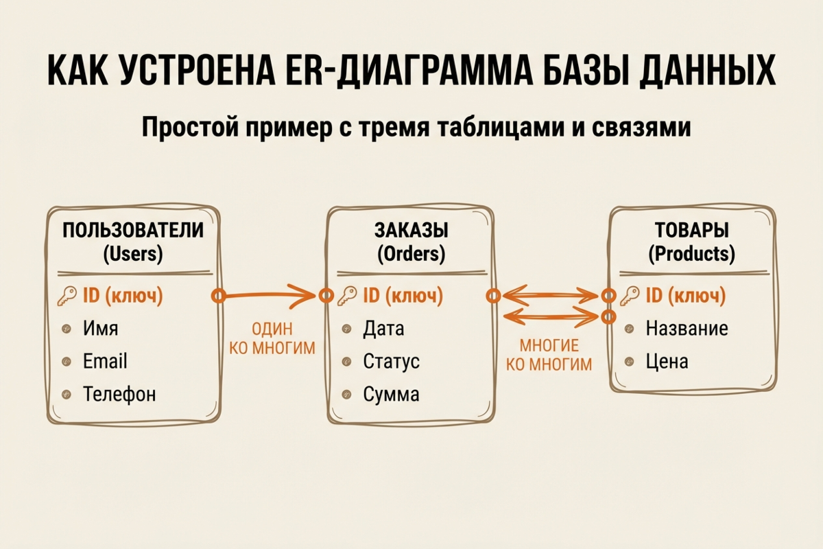 Пример простой ER-диаграммы: три таблицы (Пользователи, Заказы, Товары) и связи между ними