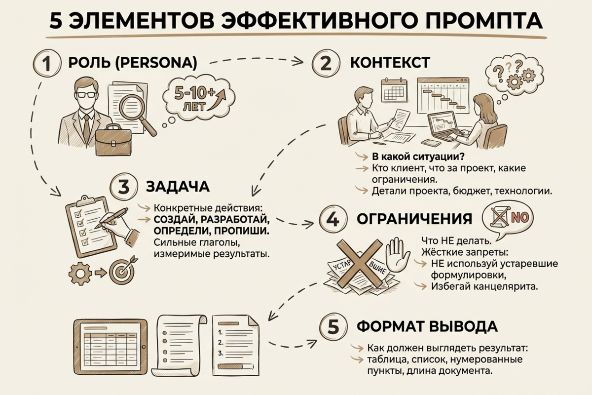 5 элементов эффективного промпта - структура для создания юридических документов: роль, контекст, задача, ограничения, формат вывода