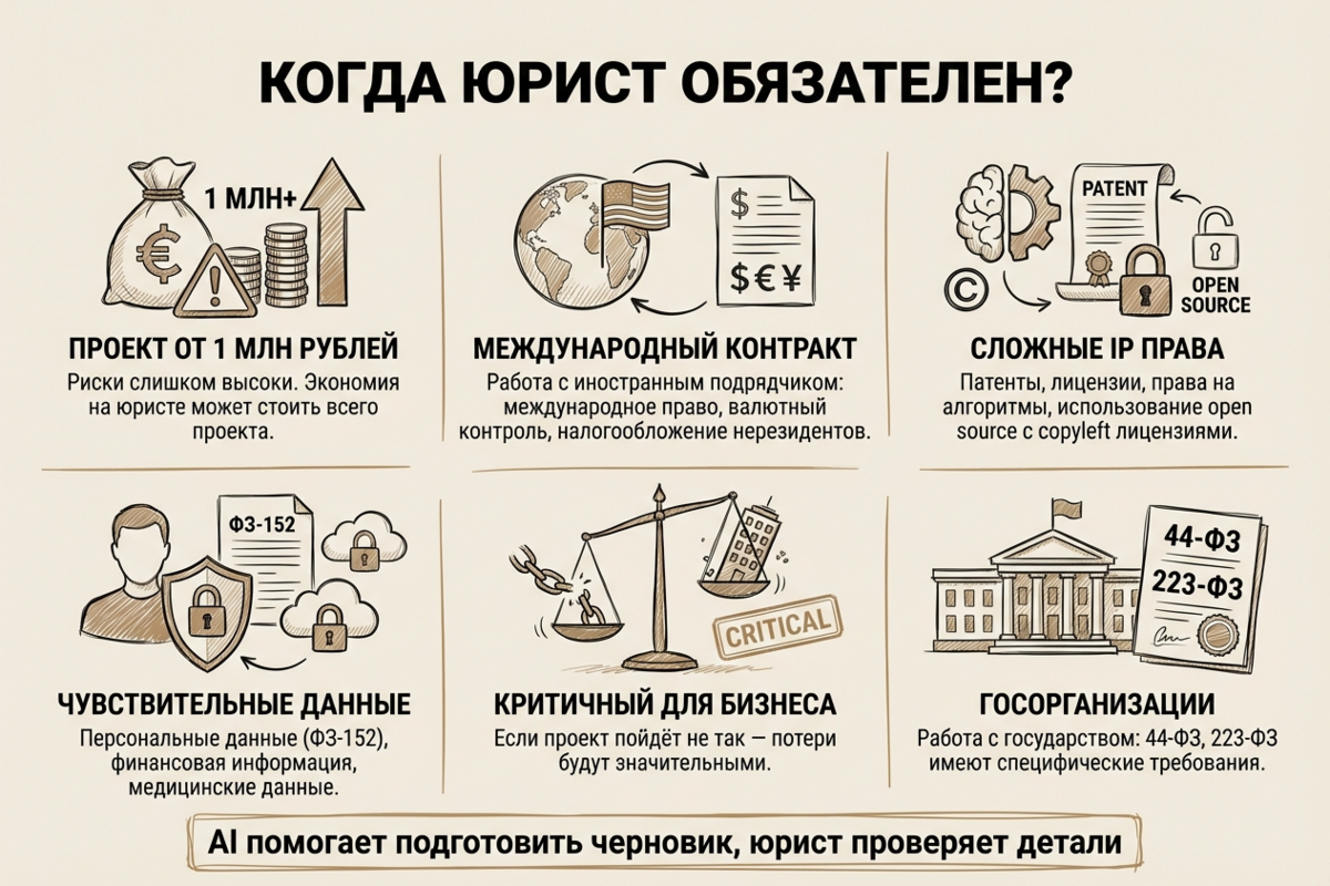 Когда обязательно нужен юрист для проверки контракта - 6 ключевых ситуаций: проекты от 1 млн рублей, международные контракты, сложные IP права, чувствительные данные, критичные для бизнеса проекты, работа с госорганизациями